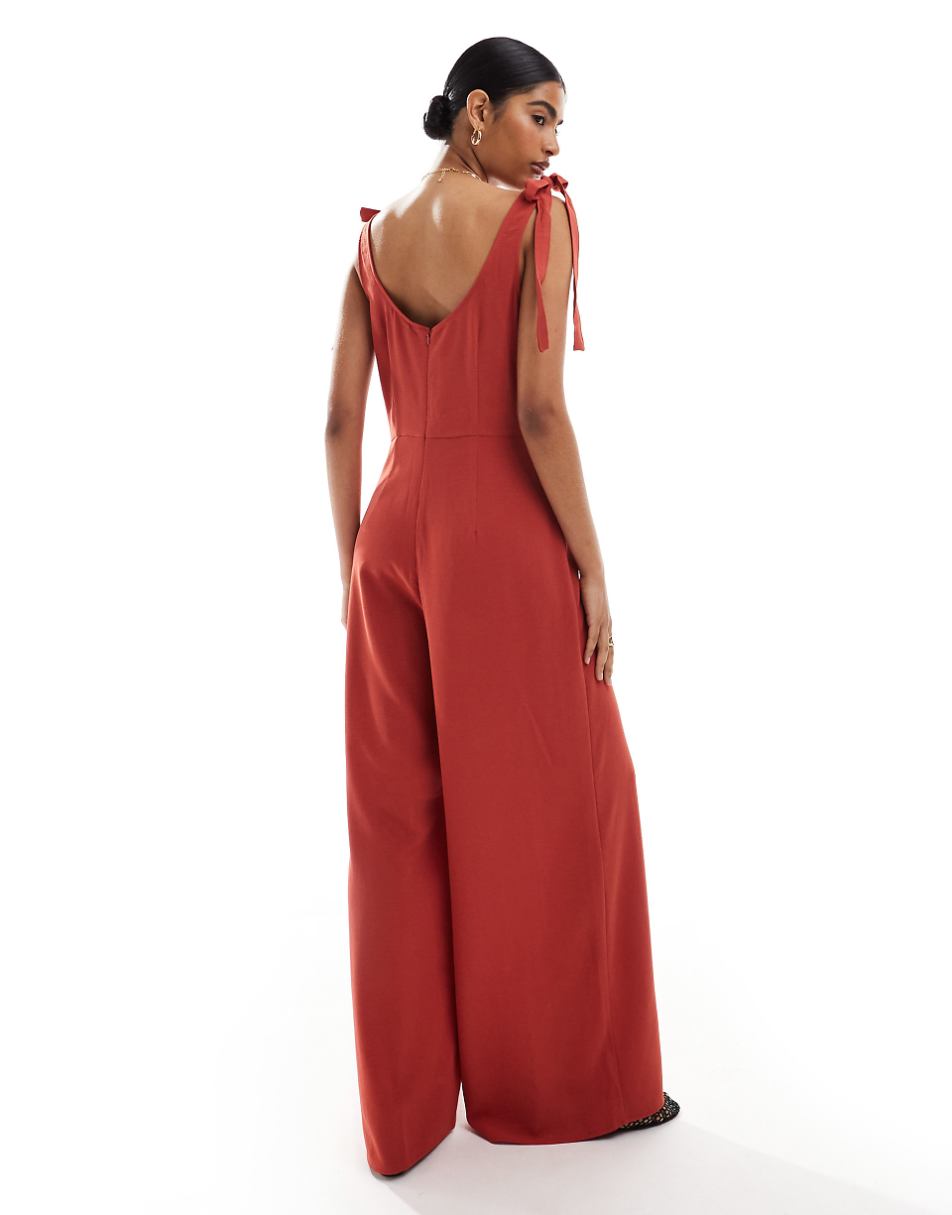 ASOS DESIGN cupro scoop neck wide leg jumpsuit with tie details in terracotta