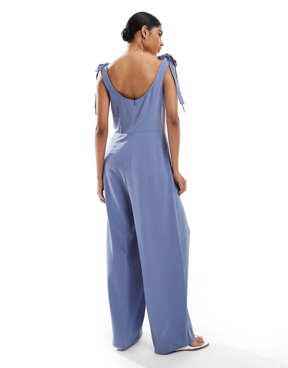 ASOS DESIGN cupro scoop neck wide leg jumpsuit with tie details in icy blue