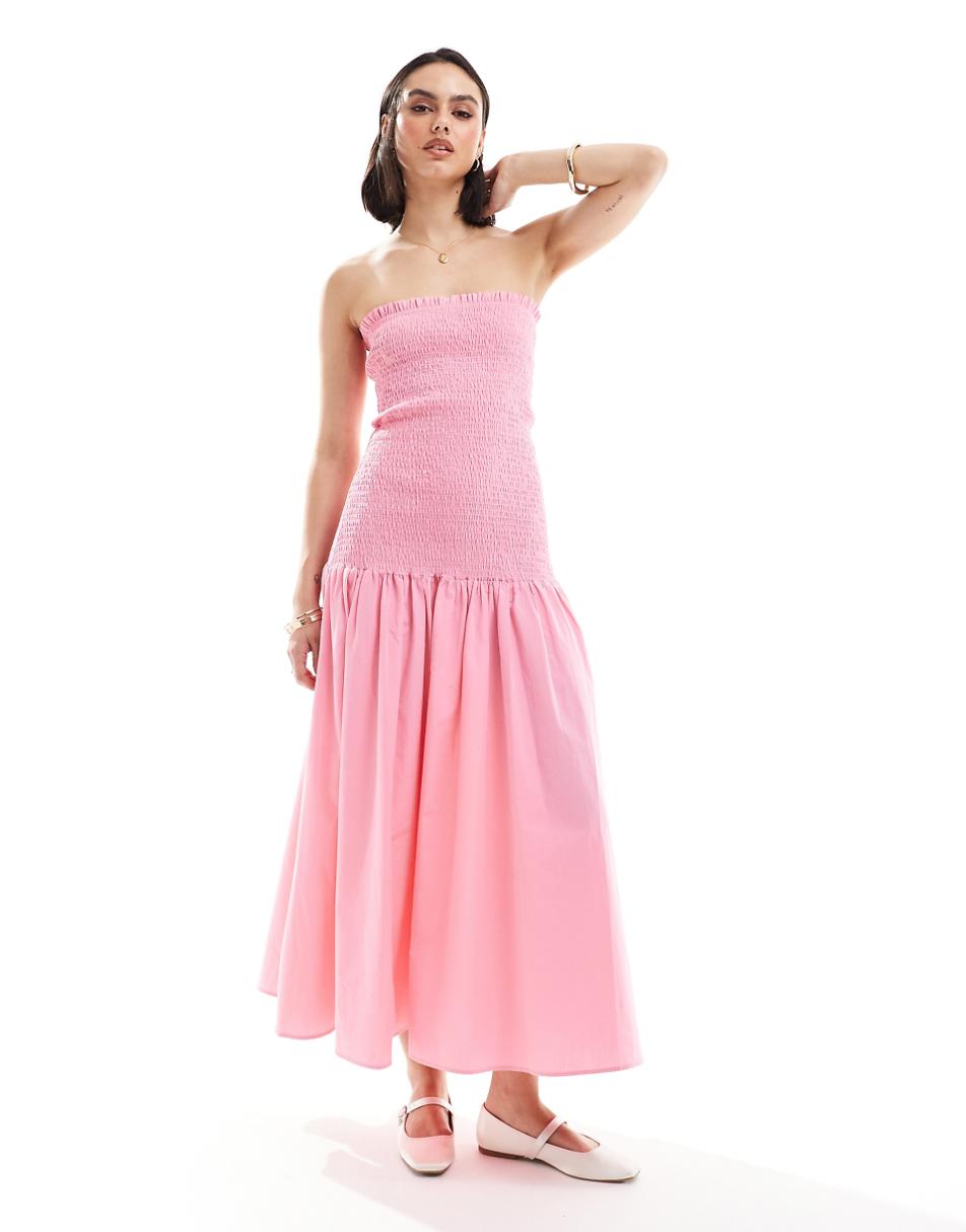 ASOS DESIGN dropped waist shirred bandeau midi dress in pink