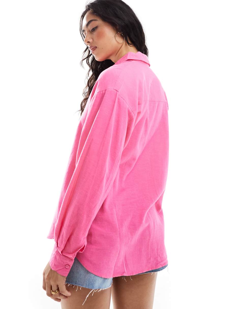 Stradivarius linen mix relaxed shirt in bright pink