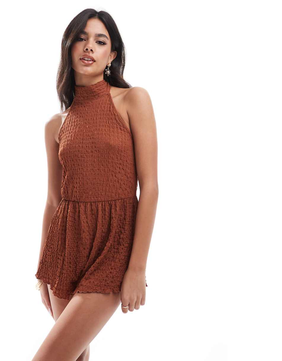 ASOS DESIGN crinkle halter romper in rust