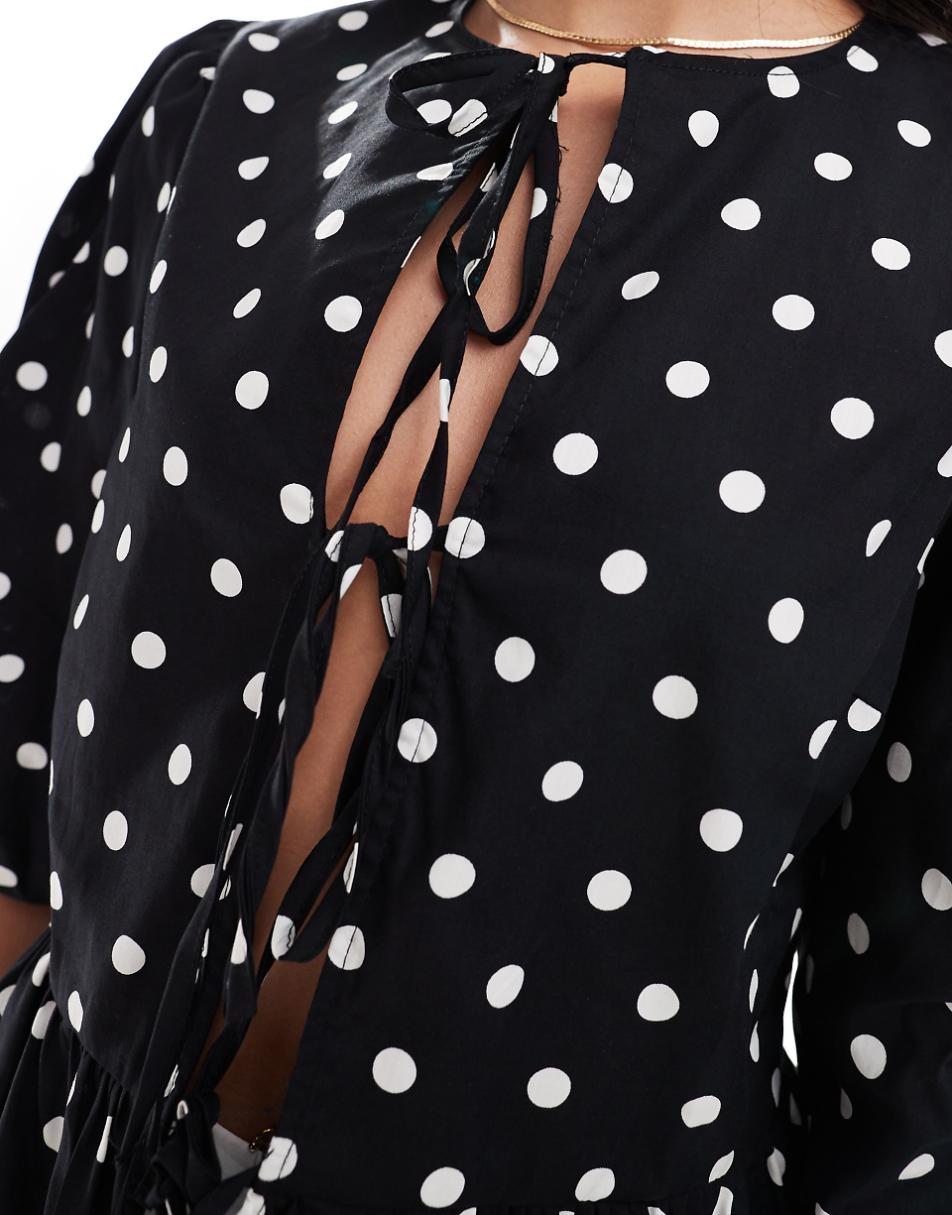 ASOS DESIGN cotton poplin peplum tie shirt top in black and white spot print