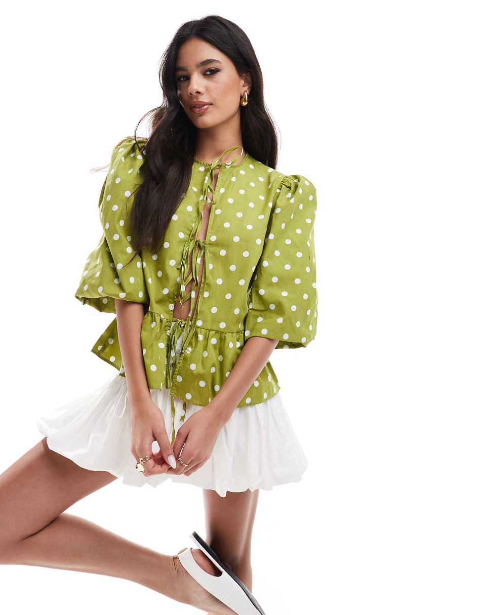 ASOS DESIGN cotton poplin peplum tie shirt top in green & white polka dot print