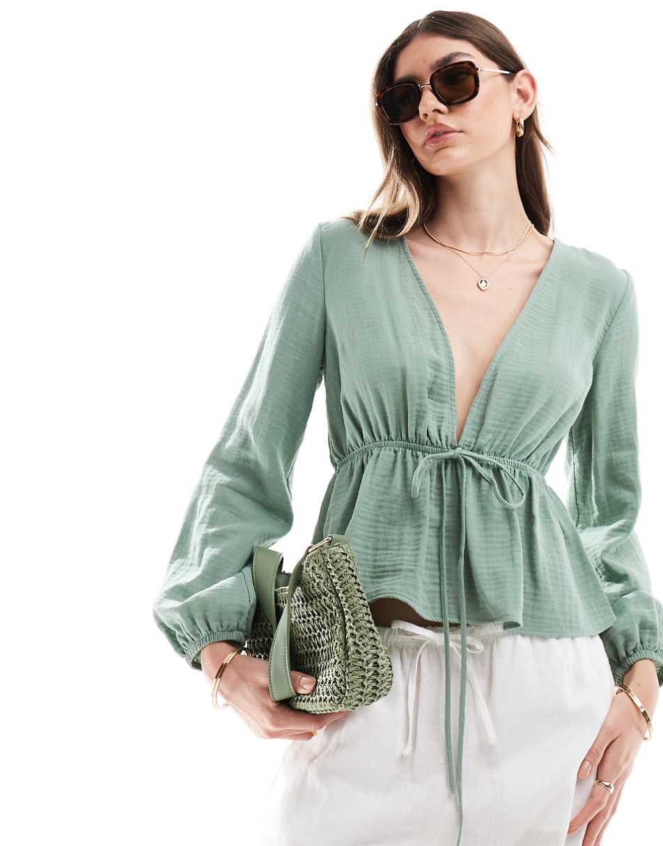 ASOS DESIGN cheesecloth long sleeve cropped smock top with ties in sage