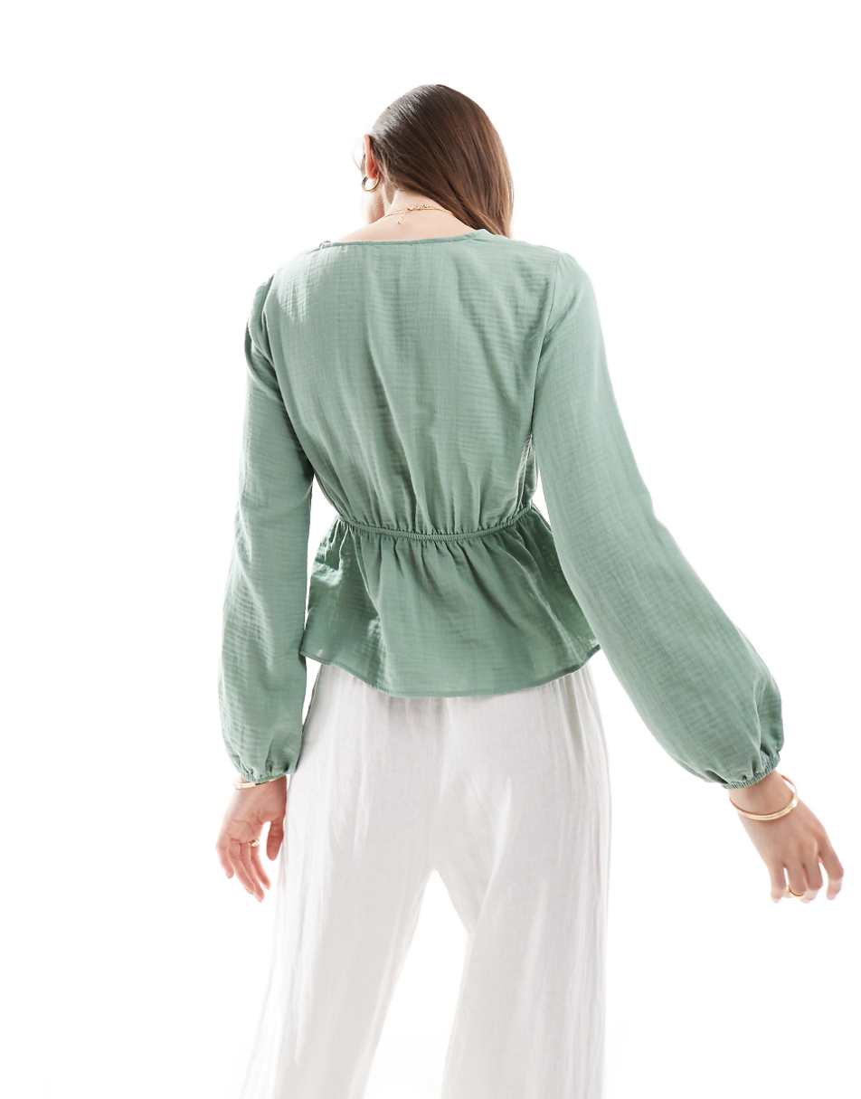 ASOS DESIGN cheesecloth long sleeve cropped smock top with ties in sage