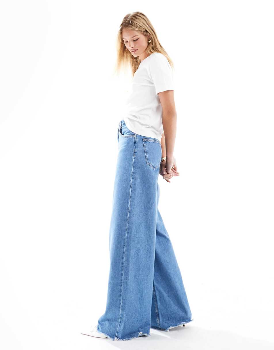 ASOS DESIGN high waist wide leg jeans with cinch waist in clean blue with raw hem