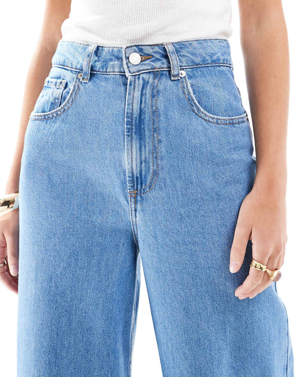 ASOS DESIGN high waist wide leg jeans with cinch waist in clean blue with raw hem