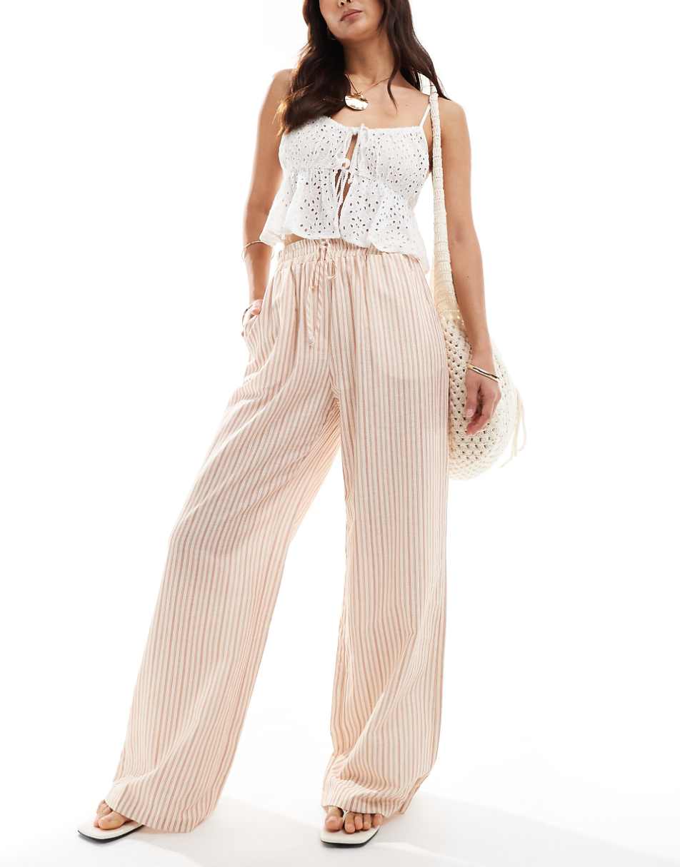 ASOS DESIGN tie waist wide leg pants with linen in brown & cream stripe