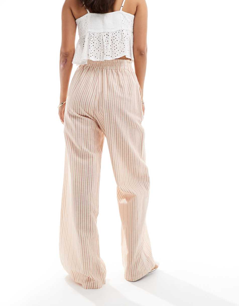 ASOS DESIGN tie waist wide leg pants with linen in brown & cream stripe