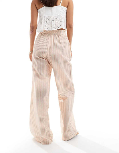 ASOS DESIGN tie waist wide leg pants with linen in brown & cream stripe