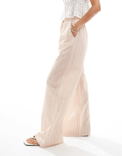 ASOS DESIGN tie waist wide leg pants with linen in brown & cream stripe