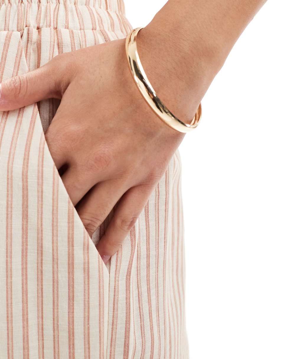 ASOS DESIGN tie waist wide leg pants with linen in brown & cream stripe