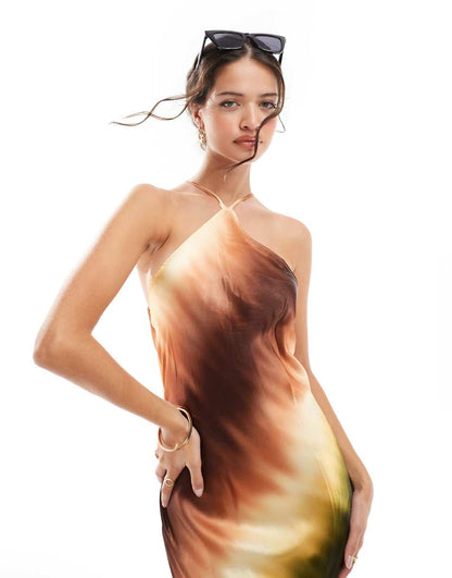 ASOS DESIGN satin strappy halter midi dress with natural trim details in tonal tie dye print