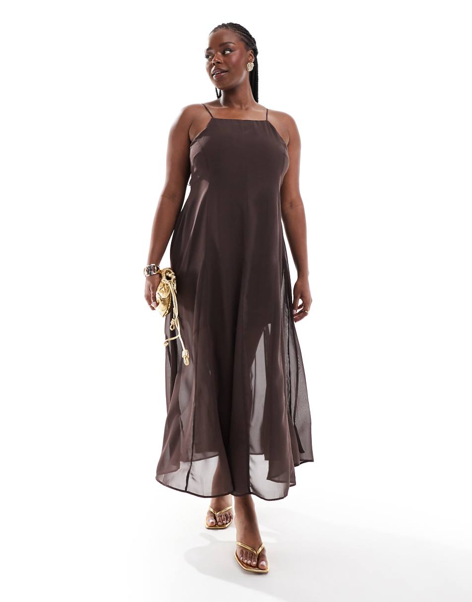 ASOS DESIGN Curve square neck midi dress with godets in chocolate