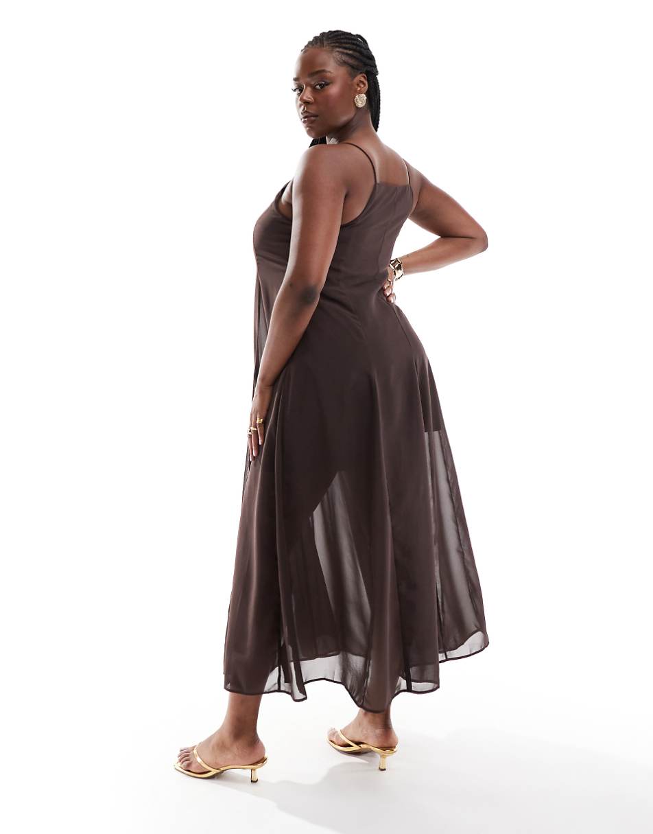 ASOS DESIGN Curve square neck midi dress with godets in chocolate