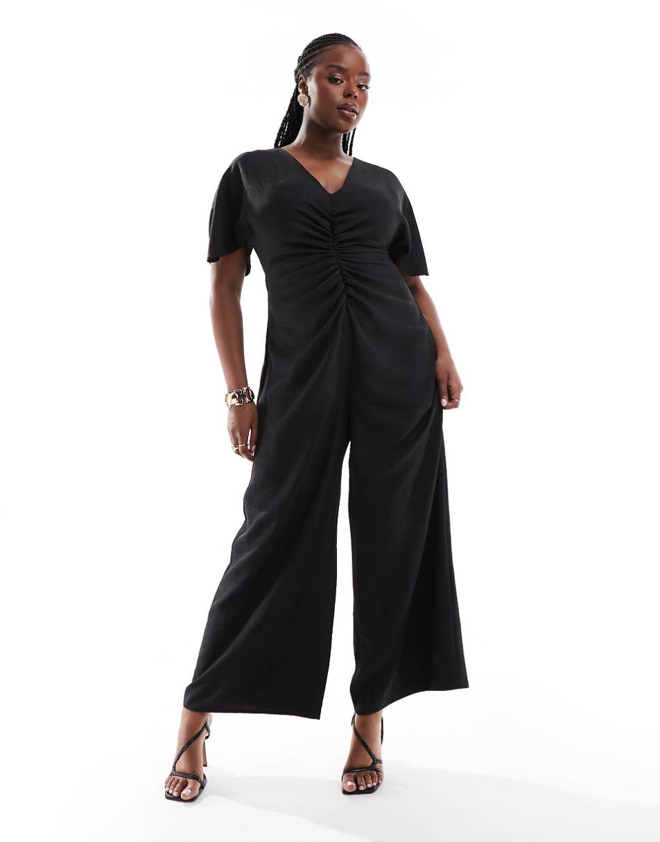 ASOS DESIGN Curve ruched front cut out back jumpsuit in black