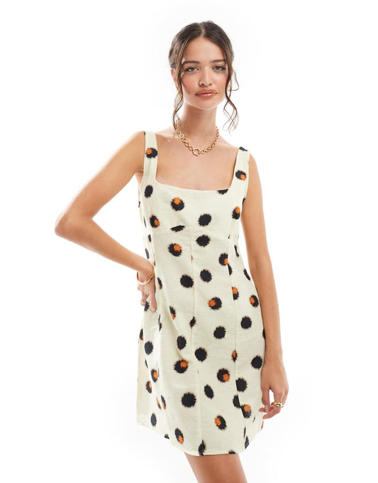 ASOS DESIGN linen scoop neck mini dress with bust seam detail in smudge spot print