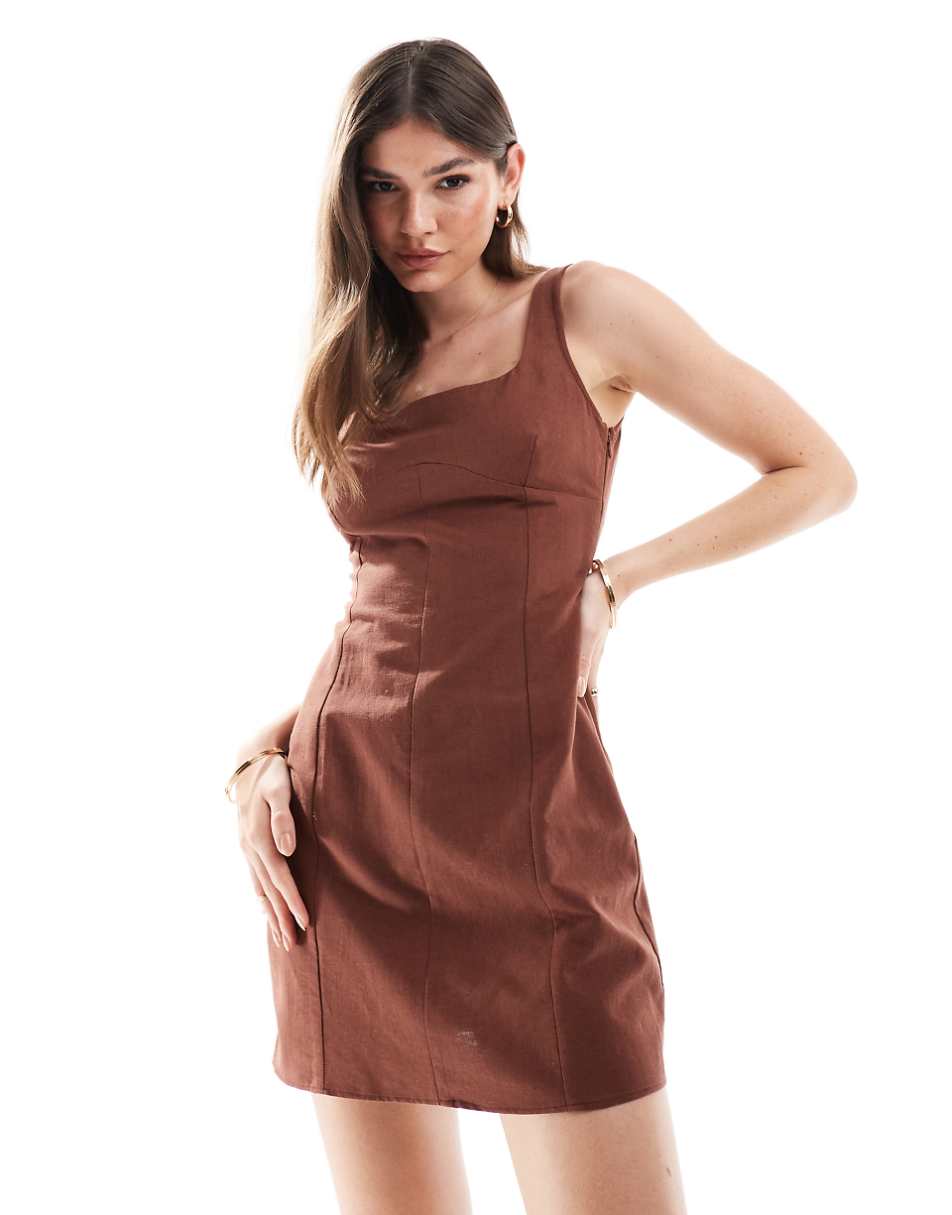 ASOS DESIGN linen look square neck mini dress with bust seam detail in brown