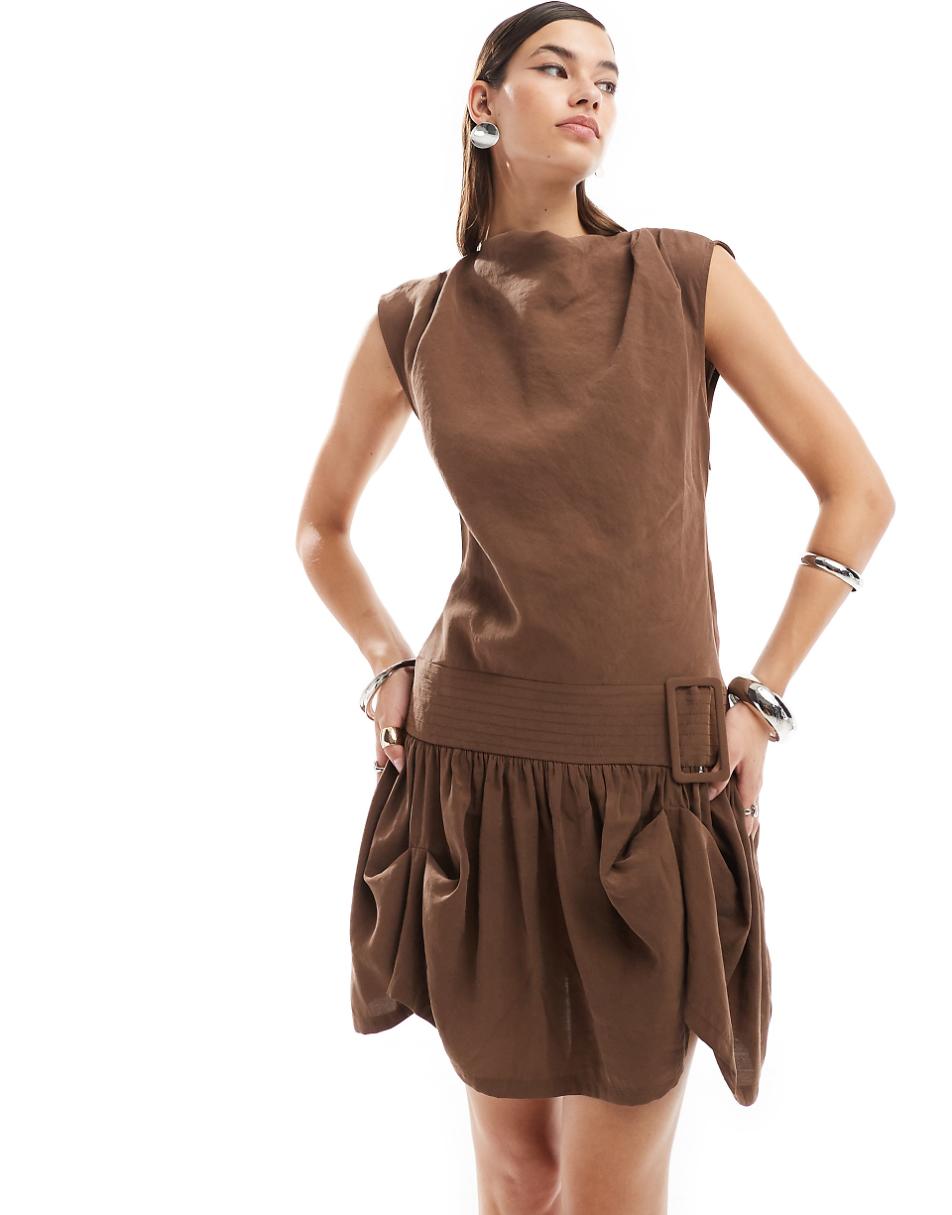 ASOS DESIGN cowl neck hitched hem cupro mini dress in chocolate