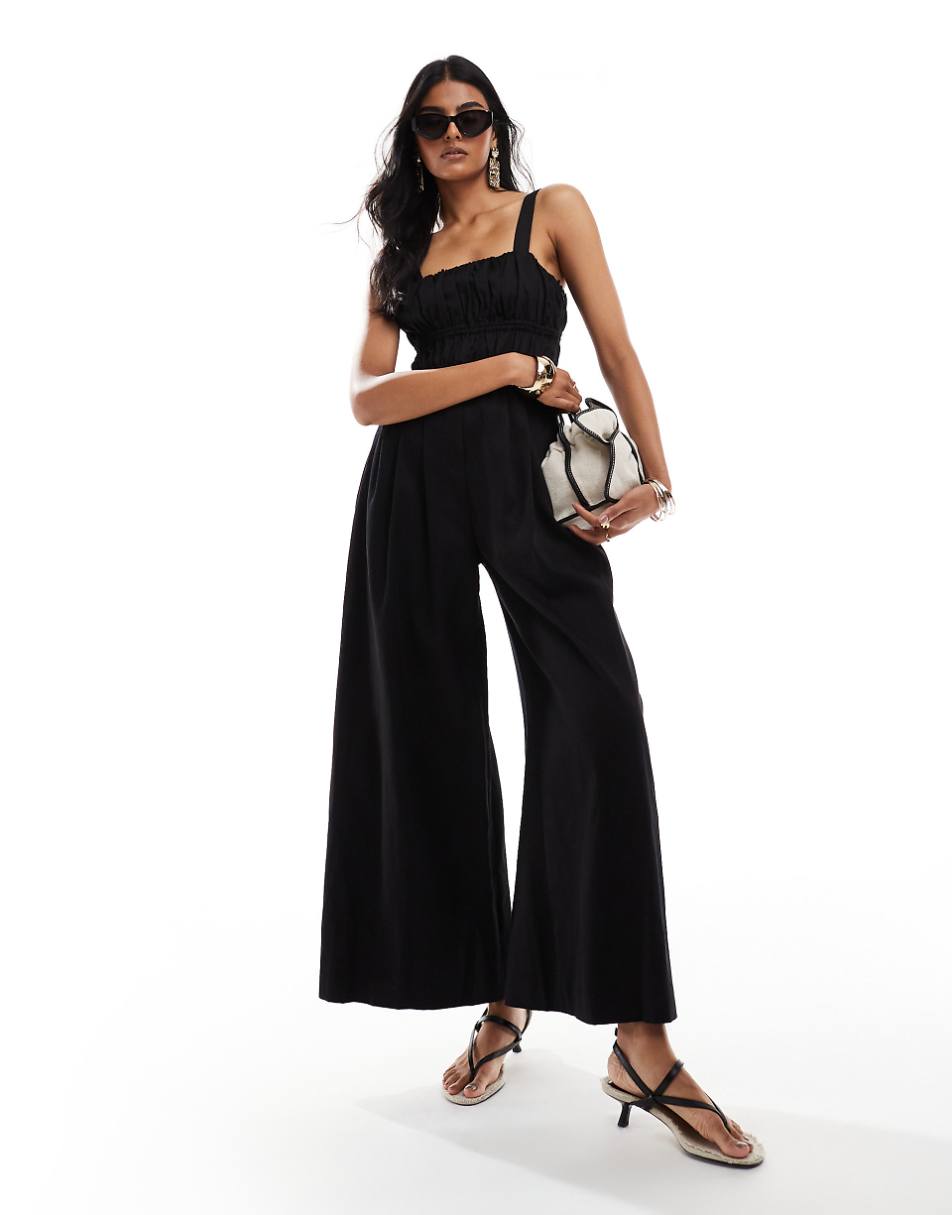 & Other Stories linen blend wide leg jumpsuit with ruched bodice detail and square neckline in black