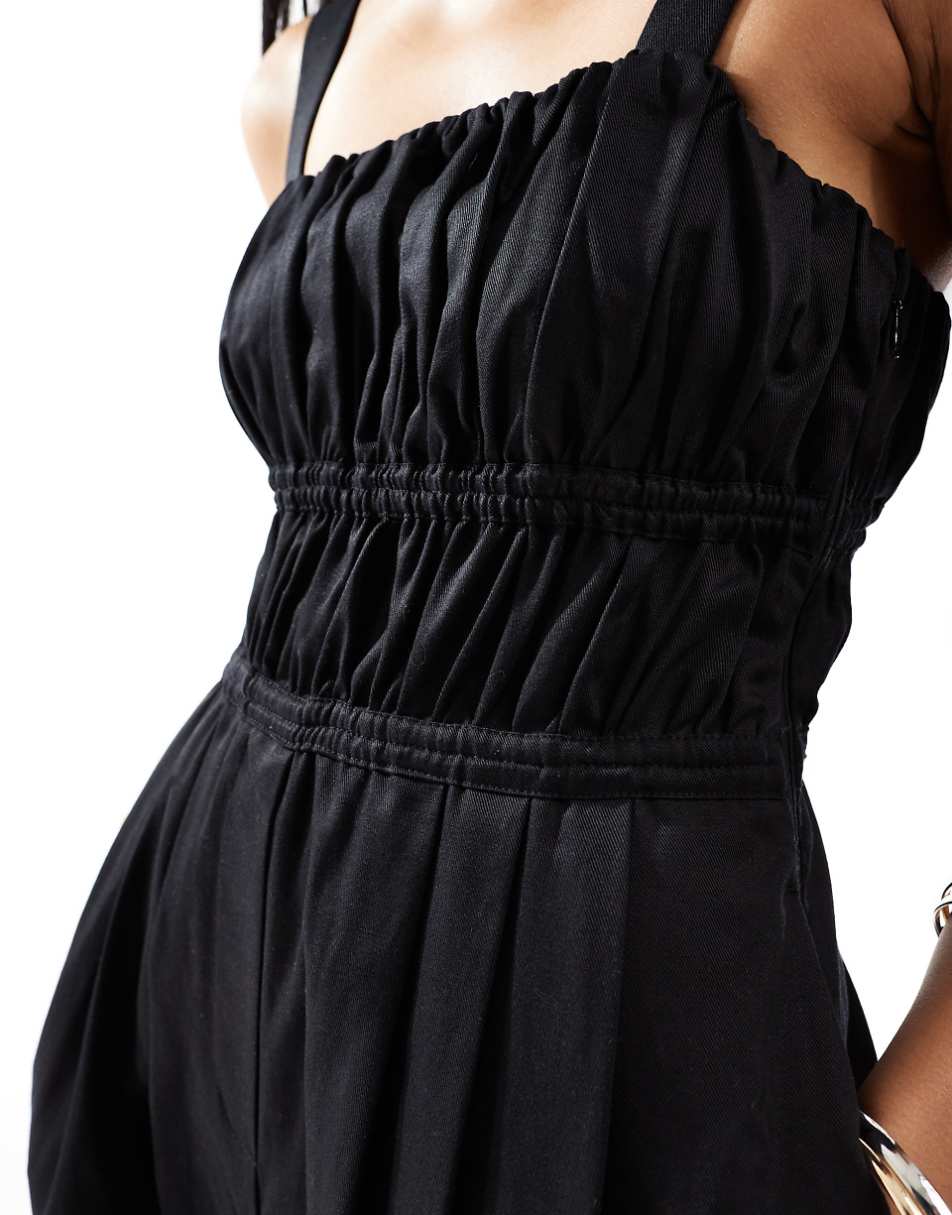 & Other Stories linen blend wide leg jumpsuit with ruched bodice detail and square neckline in black