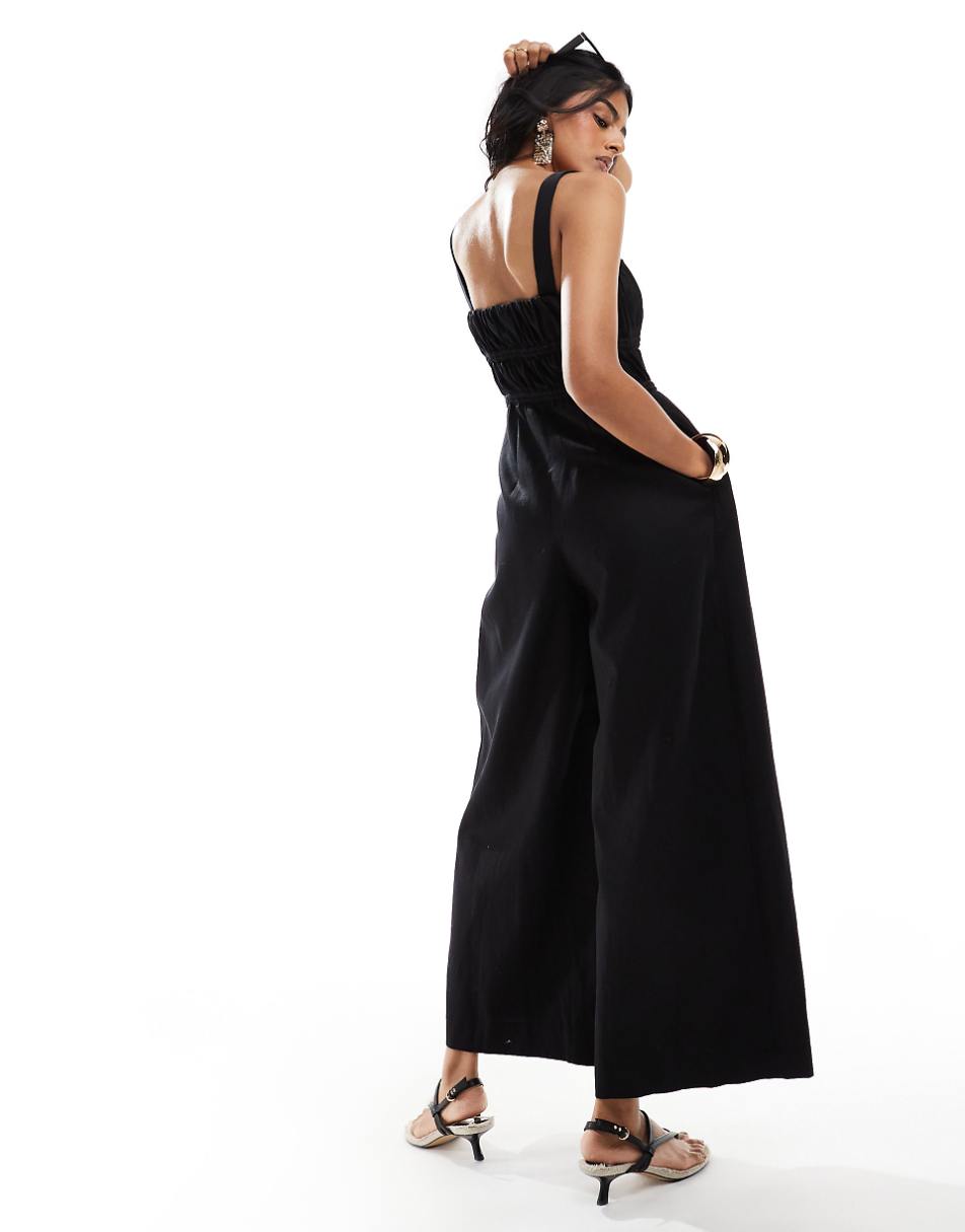 & Other Stories linen blend wide leg jumpsuit with ruched bodice detail and square neckline in black