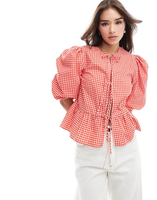 ASOS DESIGN cotton poplin tie front peplum blouse in red gingham