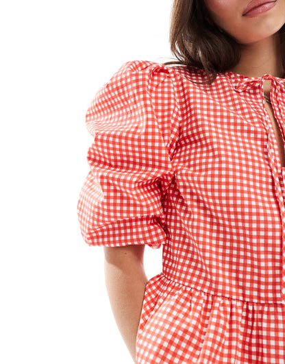 ASOS DESIGN cotton poplin tie front peplum blouse in red gingham