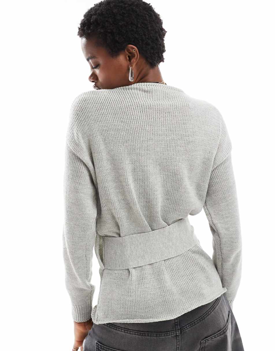 Glamorous wrap front sweater in gray heather knit