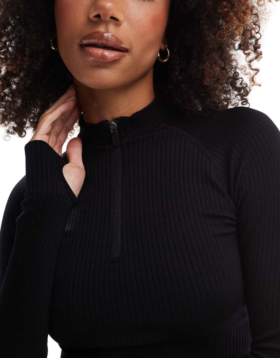 ASOS 4505 Icon seamless ribbed 1/4 zip long sleeve top in black