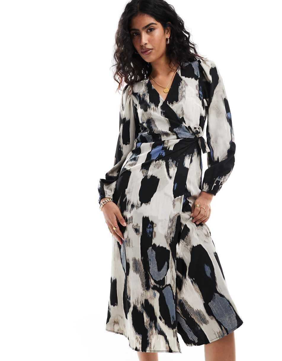 Vila wrap front midi dress in blue graphic print