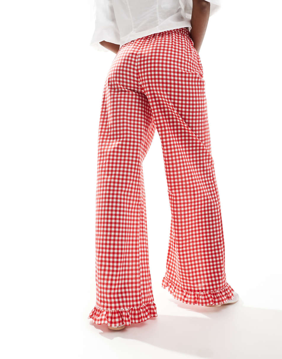 ASOS DESIGN gingham pants with frill hem in red