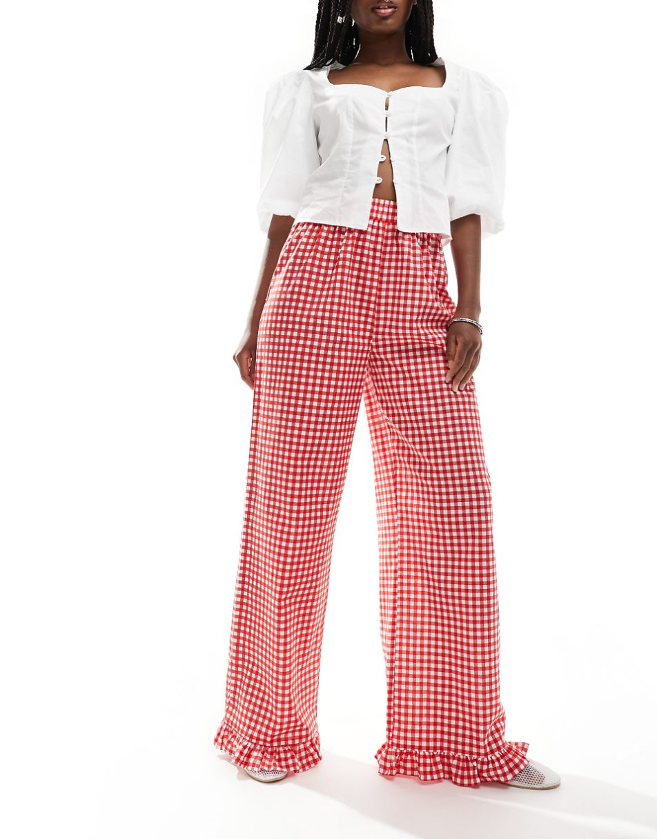 ASOS DESIGN gingham pants with frill hem in red