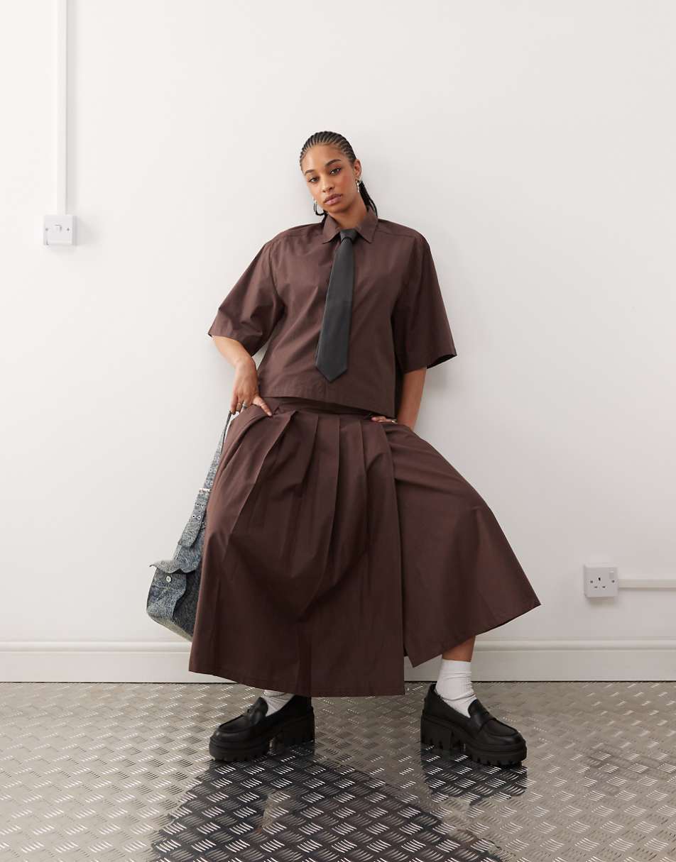 COLLUSION cotton midi wrap kilt in chocolate - part of a set