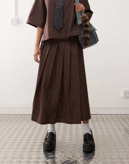 COLLUSION cotton midi wrap kilt in chocolate - part of a set