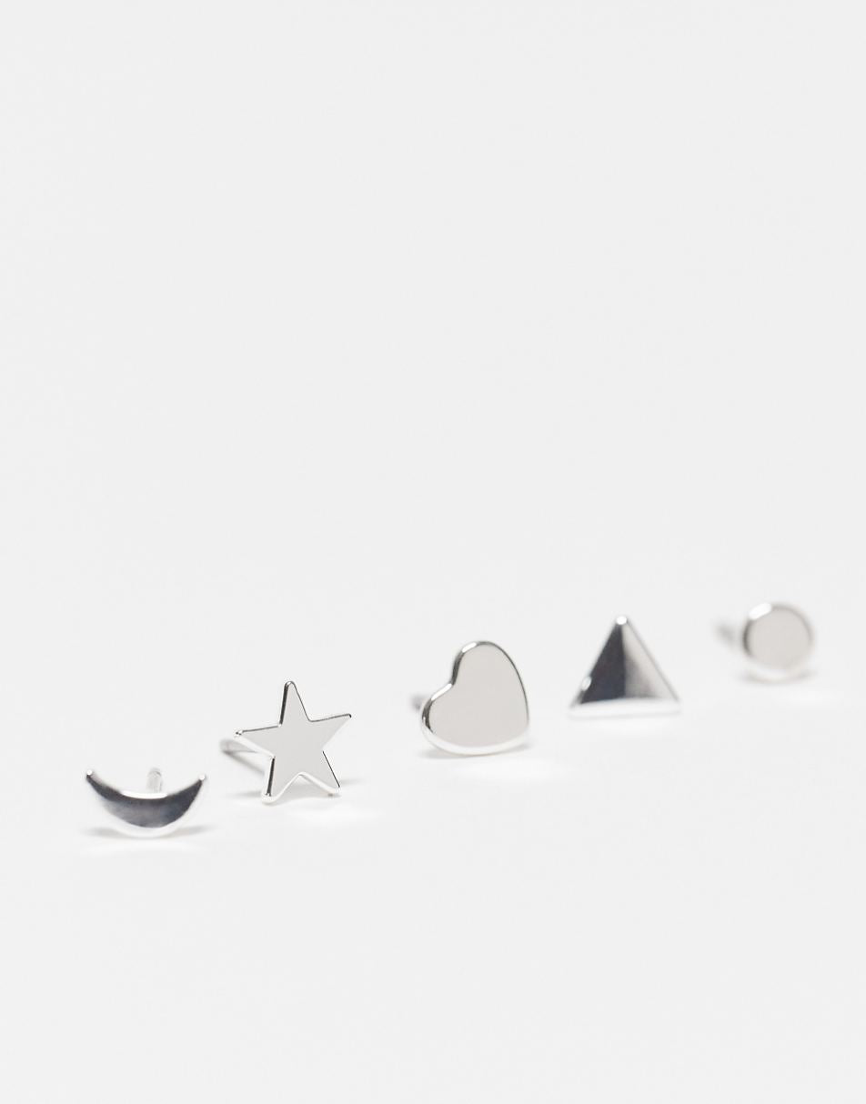 Monki 5 pack stud earrings star, moon, triangle, circle and heart in silver