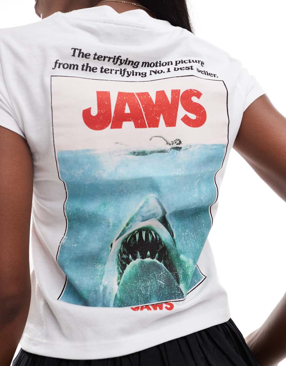 ASOS DESIGN burnout baby tee with jaws license back graphic in white