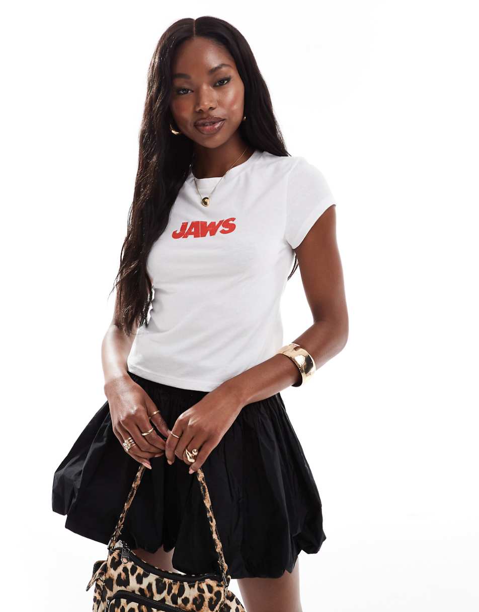 ASOS DESIGN burnout baby tee with jaws license back graphic in white