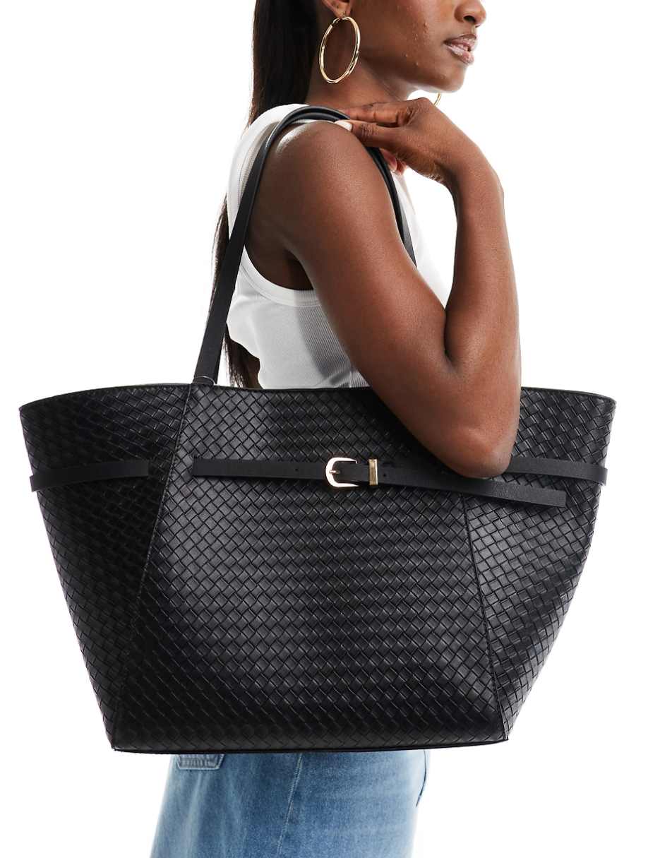 ASOS DESIGN woven tote bag with belt buckle detail in black