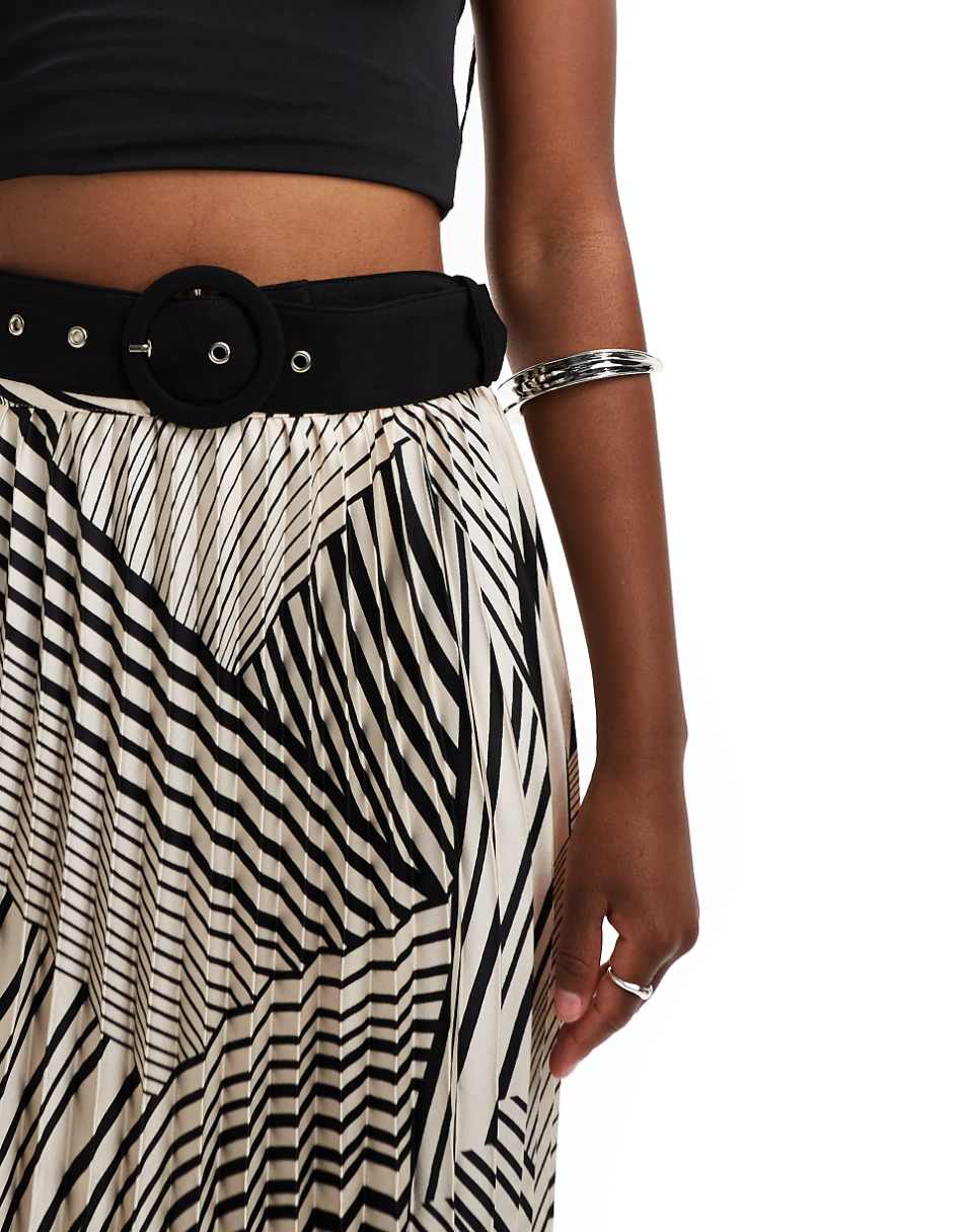 Style Cheat pleated midi skirt with belt in geo print