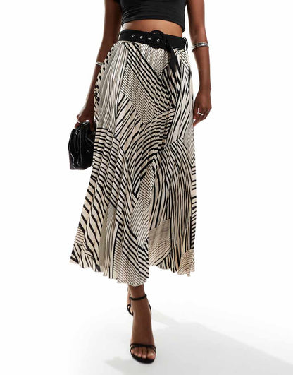 Style Cheat pleated midi skirt with belt in geo print