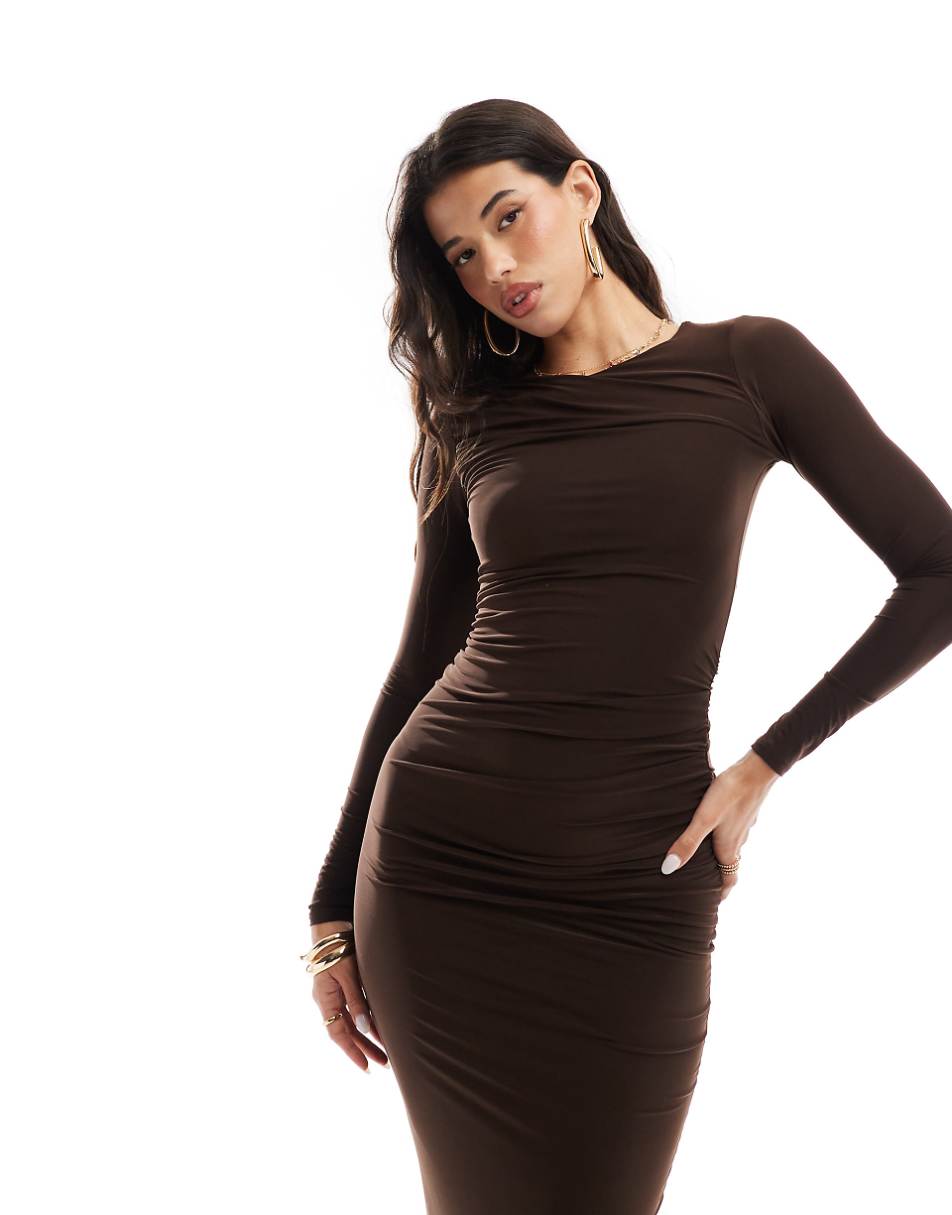 Style Cheat midi slinky dress with ruched side in brown