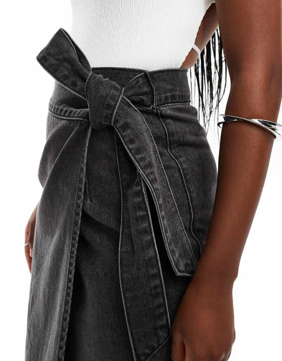 Style Cheat denim wrap midi skirt in washed black