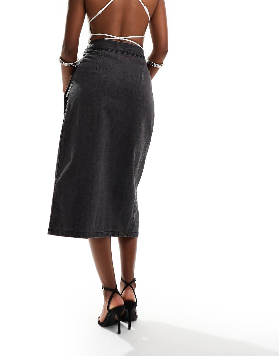 Style Cheat denim wrap midi skirt in washed black