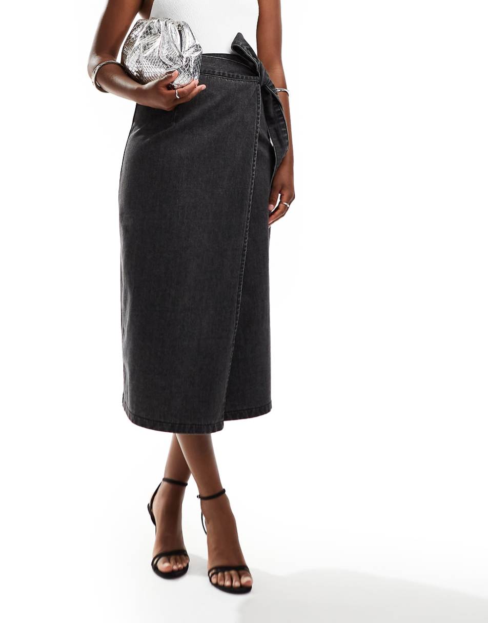 Style Cheat denim wrap midi skirt in washed black