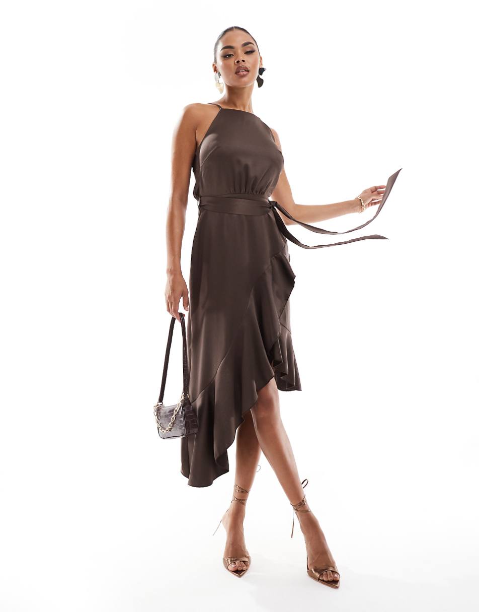 Style Cheat halterneck cami midi dress with tie waist in brown