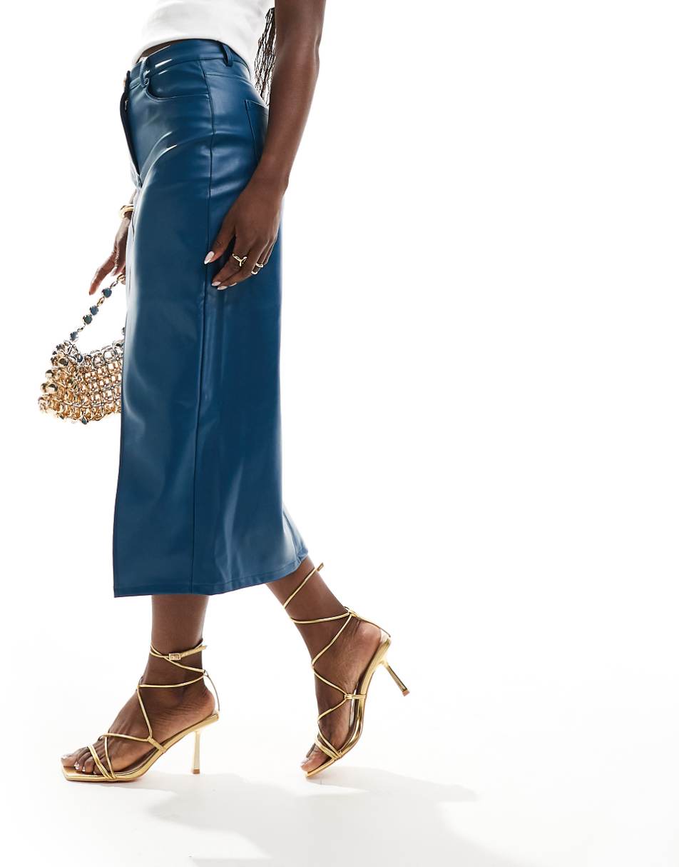 Style Cheat leather look midi skirt with split front in blue