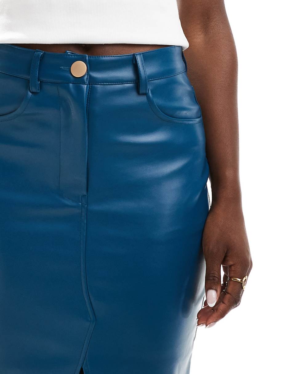 Style Cheat leather look midi skirt with split front in blue