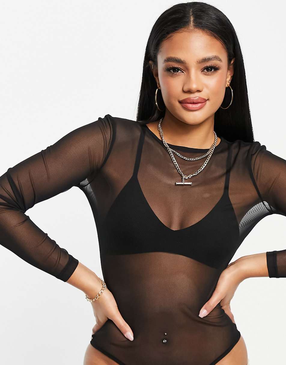 ASOS DESIGN mesh long sleeve bodysuit in black - BLACK