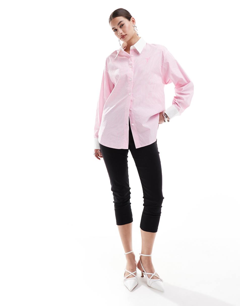 Urban Revivo striped boyfriend shirt in pink and white